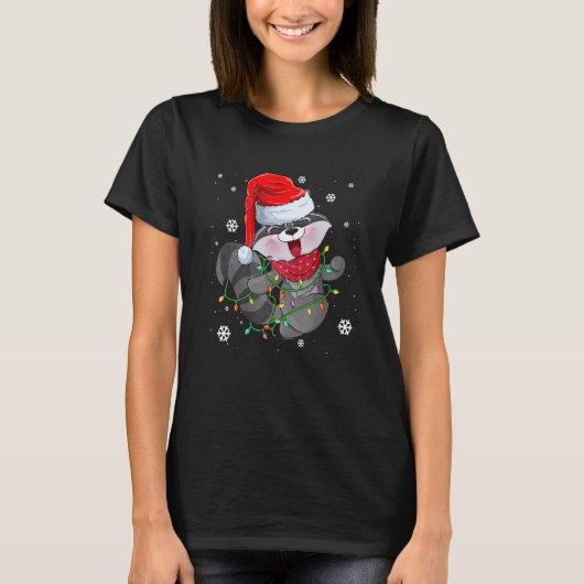 Raccoon Christmas Tree Lights Santa Hat Pajama Rac Tシャツ (正面)