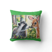 raccoon, deer throw pillow