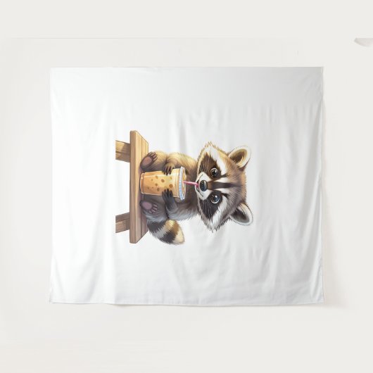 Raccoon Drinking Iced Coffee タペストリー (正面(横))