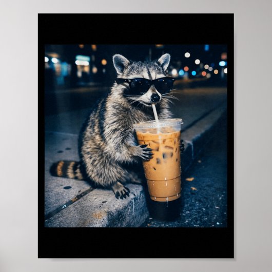 Raccoon drinking iced coffee funny animal meme  ポスター (正面)
