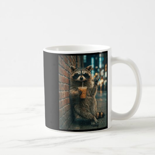 Raccoon drinking iced coffee rock on meme funny  コーヒーマグカップ (右)