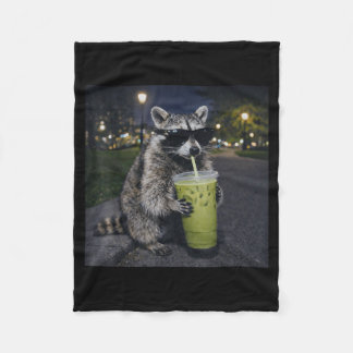 Raccoon drinking iced matcha latte funny animal フリースブランケット