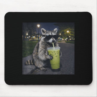 Raccoon drinking iced matcha latte funny animal マウスパッド