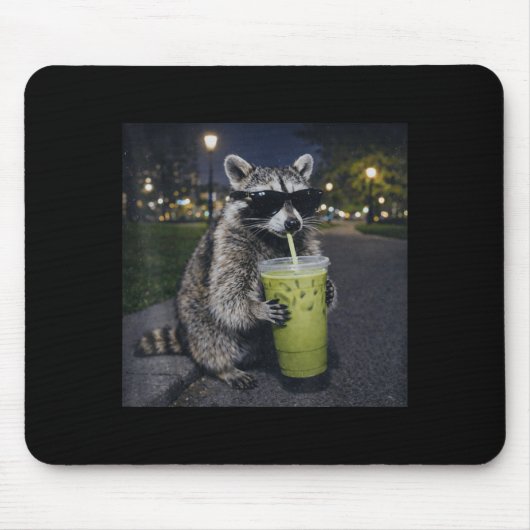 Raccoon drinking iced matcha latte funny animal マウスパッド (正面)