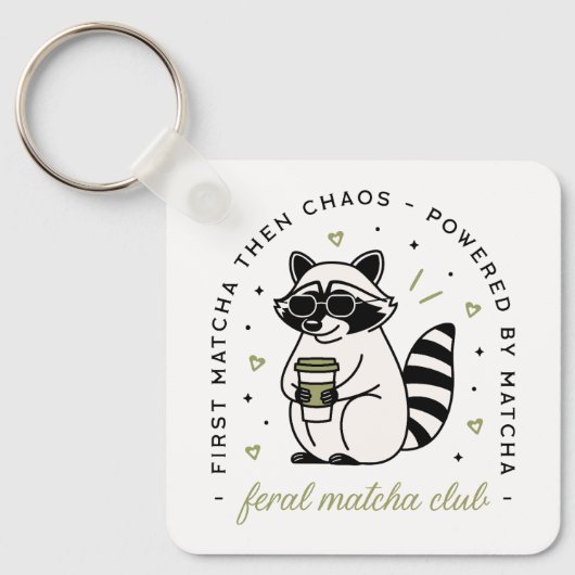 Raccoon drinking matcha club funny kawaii animal キーホルダー (正面)