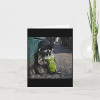 Raccoon drinking matcha latte funny animal meme me カード