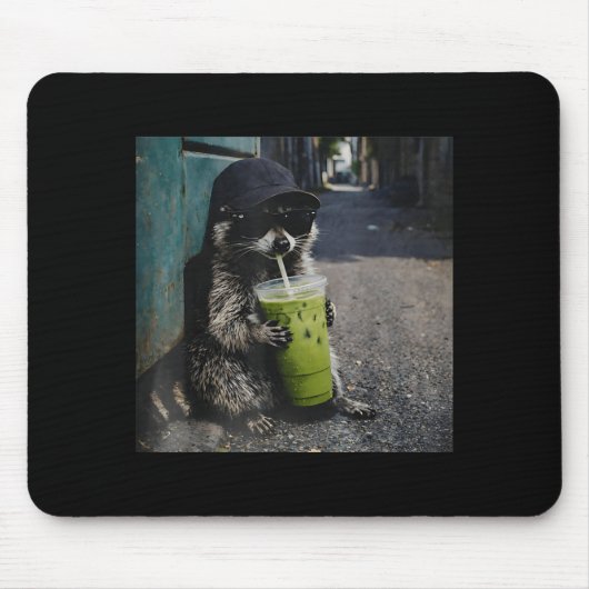 Raccoon drinking matcha latte funny animal meme me マウスパッド (正面)