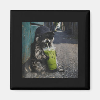 Raccoon drinking matcha latte funny animal meme me マグネット