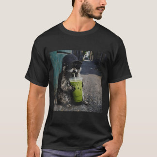 Raccoon drinking matcha latte funny animal meme me tシャツ