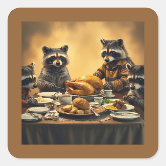 Raccoon Family Thanksgiving スクエアシール (正面)
