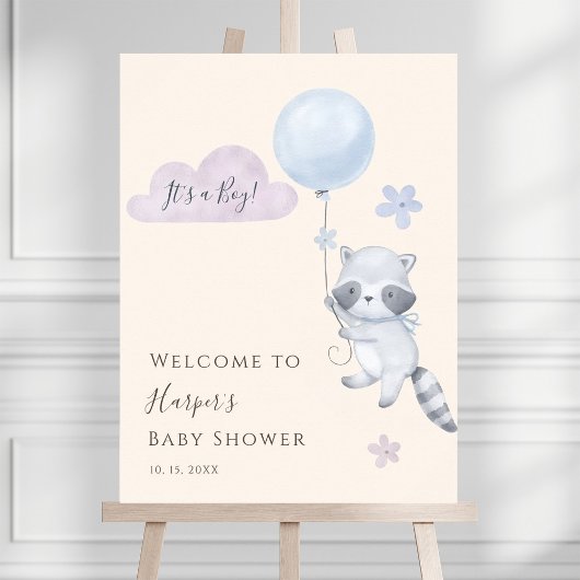 Raccoon Flying Balloon Boy Baby Shower Welcome ポスター