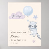 Raccoon Flying Balloon Boy Baby Shower Welcome ポスター (正面)