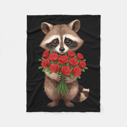 Raccoon Holding Red Rose Cute Raccoon Valentine An フリースブランケット (正面)