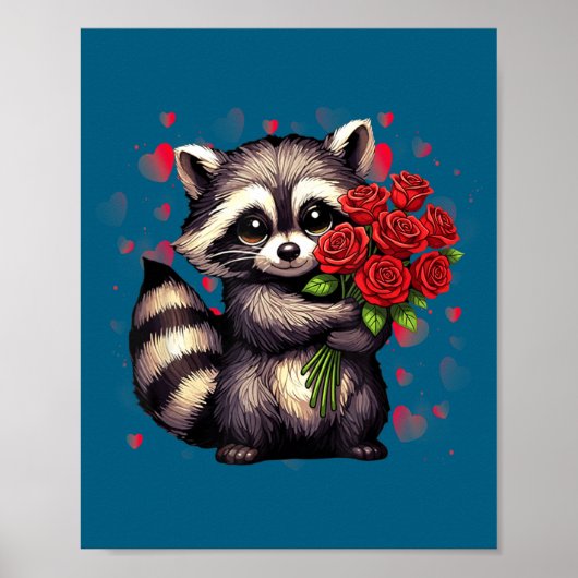 Raccoon Holding Red Rose Cute Raccoon Valentine An ポスター (正面)