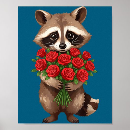 Raccoon Holding Red Rose Cute Raccoon Valentine An ポスター (正面)