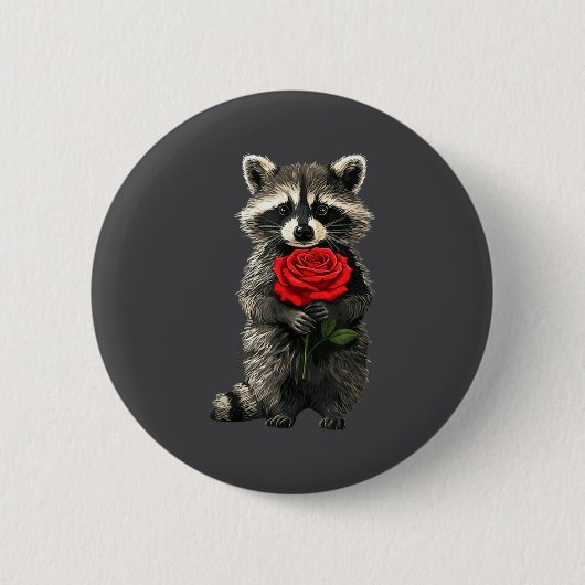 Raccoon Holding Red Rose Cute Raccoon Valentine An 缶バッジ (正面)
