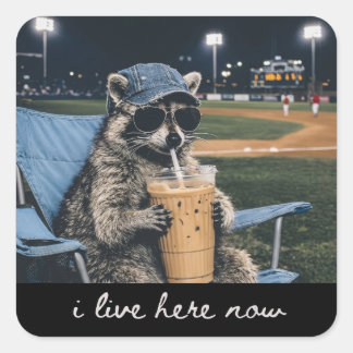 Raccoon I Live Here Now Shirt Raccoon Drinking Ice スクエアシール