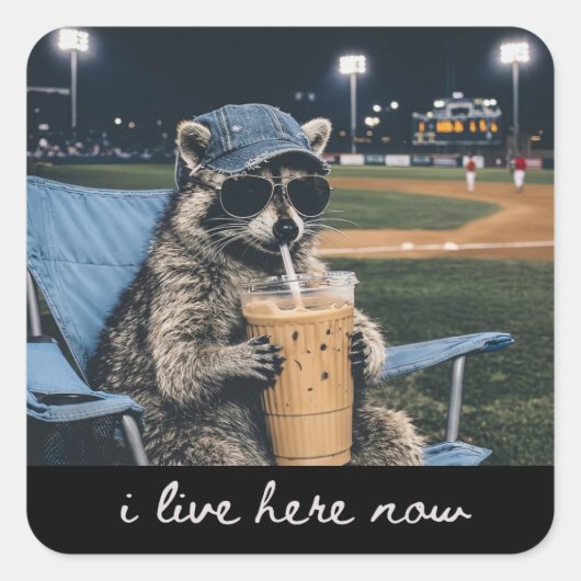 Raccoon I Live Here Now Shirt Raccoon Drinking Ice スクエアシール (正面)