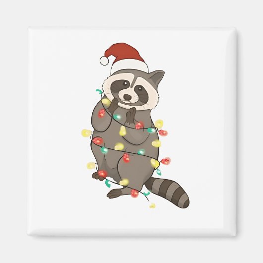 Raccoon Merry Christmas Lights Santa Hat Xmas Snow マグネット (正面)