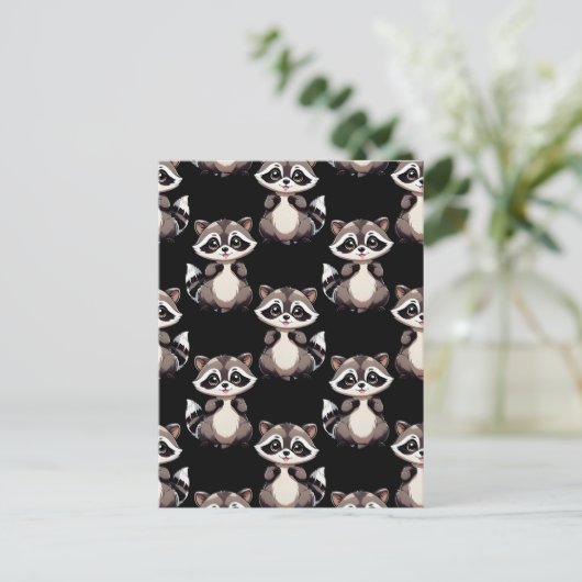 Raccoon Pattern Design Black  ポストカード (スタンド正面)