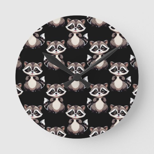 Raccoon Pattern Design Black  ラウンド壁時計 (正面)
