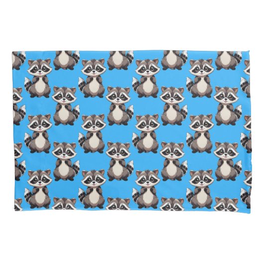 Raccoon Pattern Design Blue  枕カバー (正面)