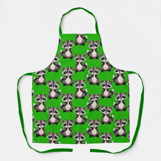 Raccoon Pattern Design Green  エプロン (正面)