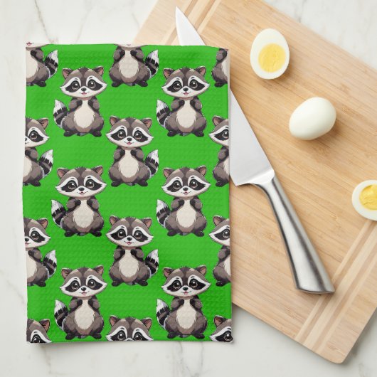 Raccoon Pattern Design Green  キッチンタオル (四つ折り)