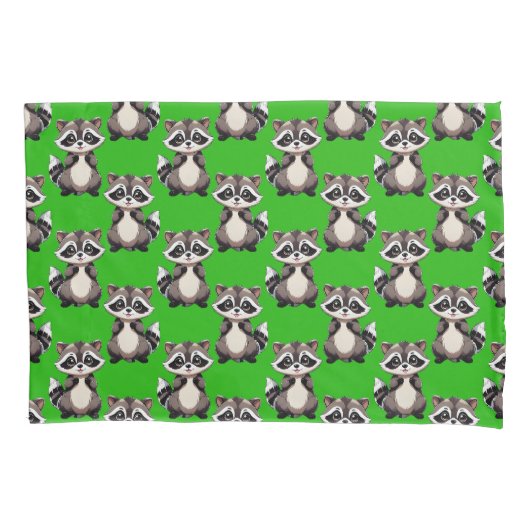 Raccoon Pattern Design Green  枕カバー (正面)
