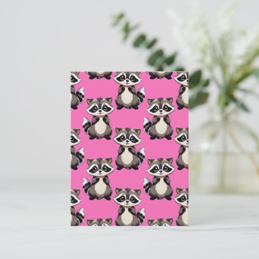 Raccoon Pattern Design Pink  ポストカード (スタンド正面)