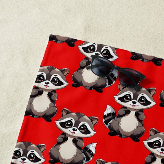 Raccoon Pattern Design Red  ビーチタオル (インサイチュ)