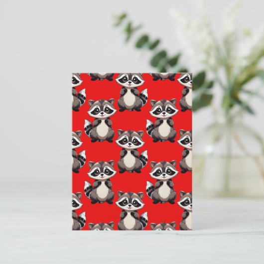 Raccoon Pattern Design Red  ポストカード (スタンド正面)
