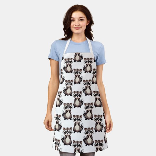 Raccoon Pattern Design White  エプロン (着用した状態)