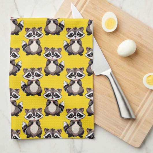 Raccoon Pattern Design Yellow  キッチンタオル (四つ折り)