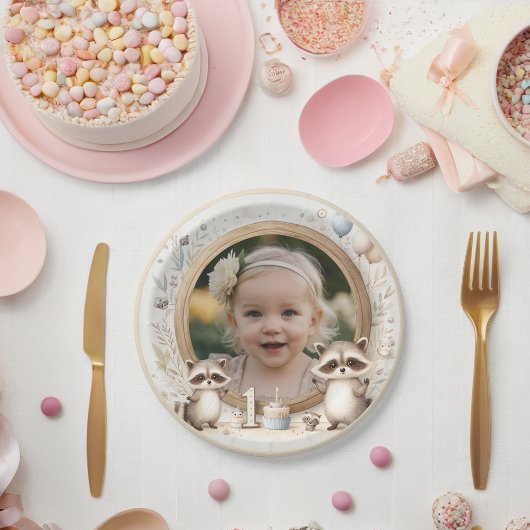 Raccoon Photo Frame for First Birthday Parties ペーパープレート