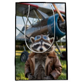 Raccoon Pilot Airplane Funny Photo Birthday ミディアムペーパーバッグ (正面)