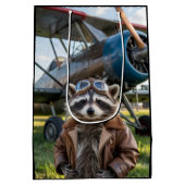 Raccoon Pilot Airplane Funny Photo Birthday ミディアムペーパーバッグ (裏面)