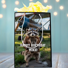 Raccoon Pilot Airplane Funny Photo Birthday Custom ミディアムペーパーバッグ