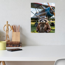 Raccoon Pilot Airplane Funny Photo Christmas ポスター