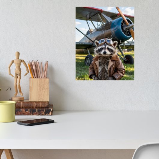 Raccoon Pilot Airplane Funny Photo Christmas ポスター