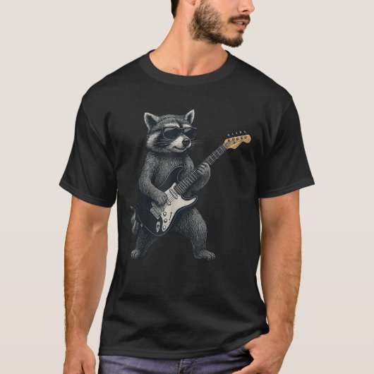Raccoon Playing Guitar Rock And Roll Gift Men Wome Tシャツ (正面)