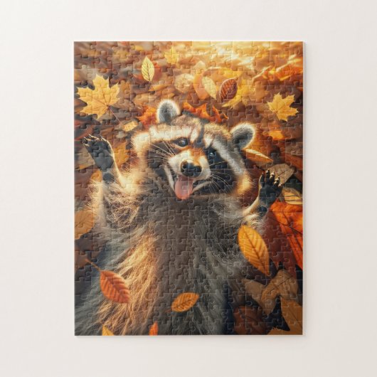 Raccoon Playing in the Autumn Leaves ジグソーパズル (縦)