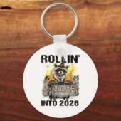 Raccoon Rolling Into 2026 Happy New Year 2026 Funn キーホルダー (正面)