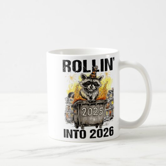 Raccoon Rolling Into 2026 Happy New Year 2026 Funn コーヒーマグカップ (右)