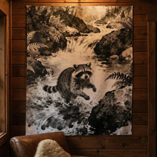 Raccoon Stream Tapestry | Forest Wildlife Art  タペストリー