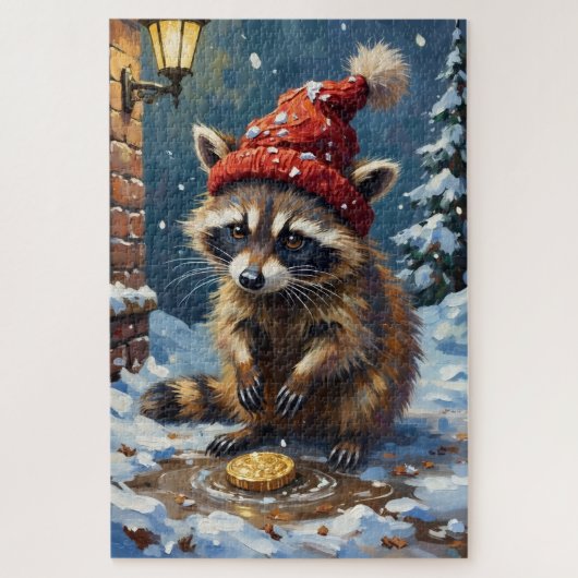 Raccoon Washing Stolen Christmas Gold Hat ジグソーパズル (縦)