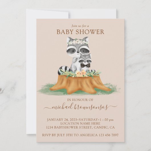 Raccoon Watercolor Mommy Baby Boy Shower beige 招待状 (正面)