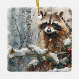 Raccoon Winter Scene - Wildlife Ornament セラミックオーナメント