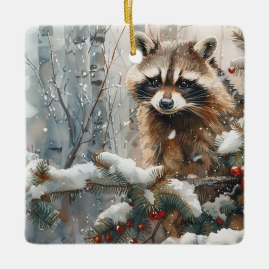 Raccoon Winter Scene - Wildlife Ornament セラミックオーナメント (正面)