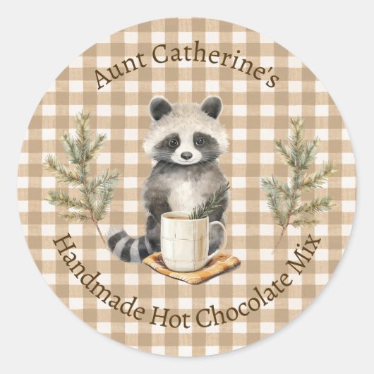 Raccoon with Mug Brown Gingham Hot Cocoa Mix Label ラウンドシール (正面)